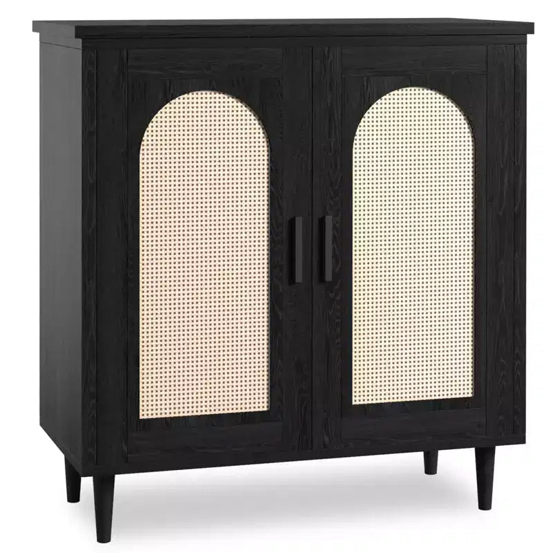 Credenza a buffet da 30" – Nero/Legno, frontale in rattan, gambe in legno massiccio