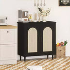 Credenza a buffet da 30" – Nero/Legno, frontale in rattan, gambe in legno massiccio