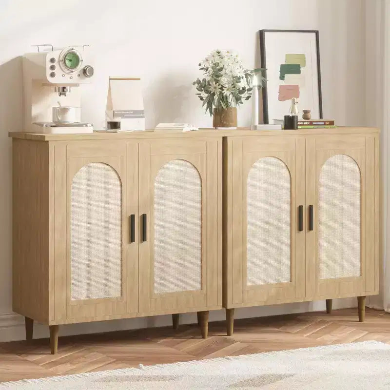Credenza a buffet da 30" – Nero/Legno, frontale in rattan, gambe in legno massiccio