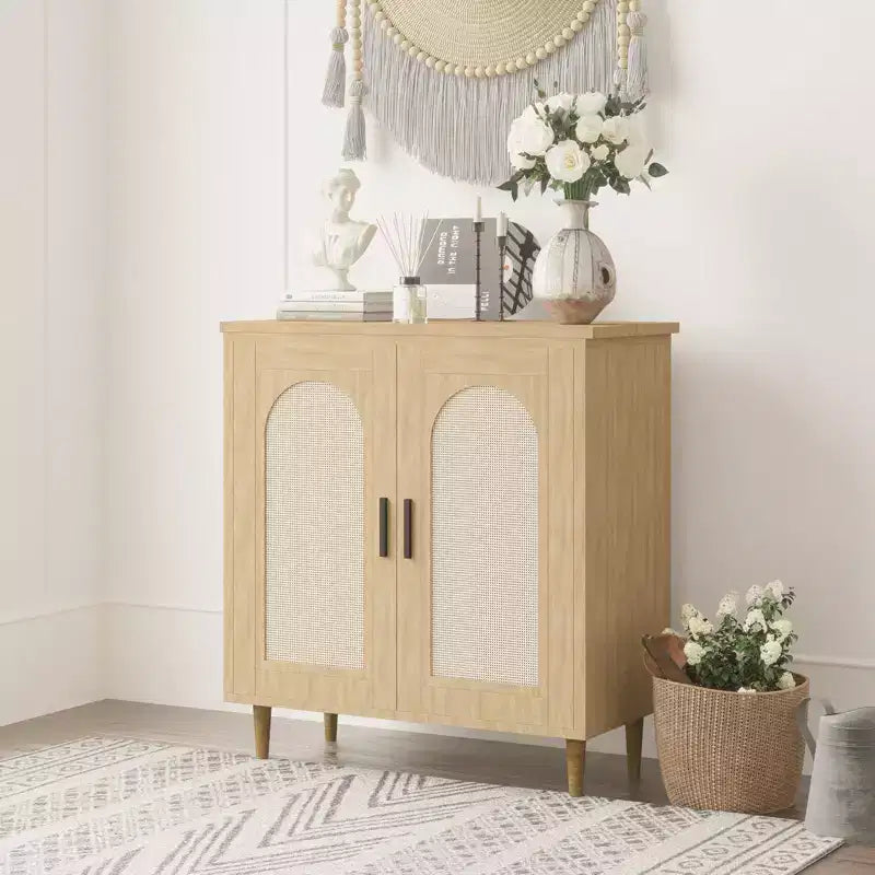 Credenza a buffet da 30" – Nero/Legno, frontale in rattan, gambe in legno massiccio