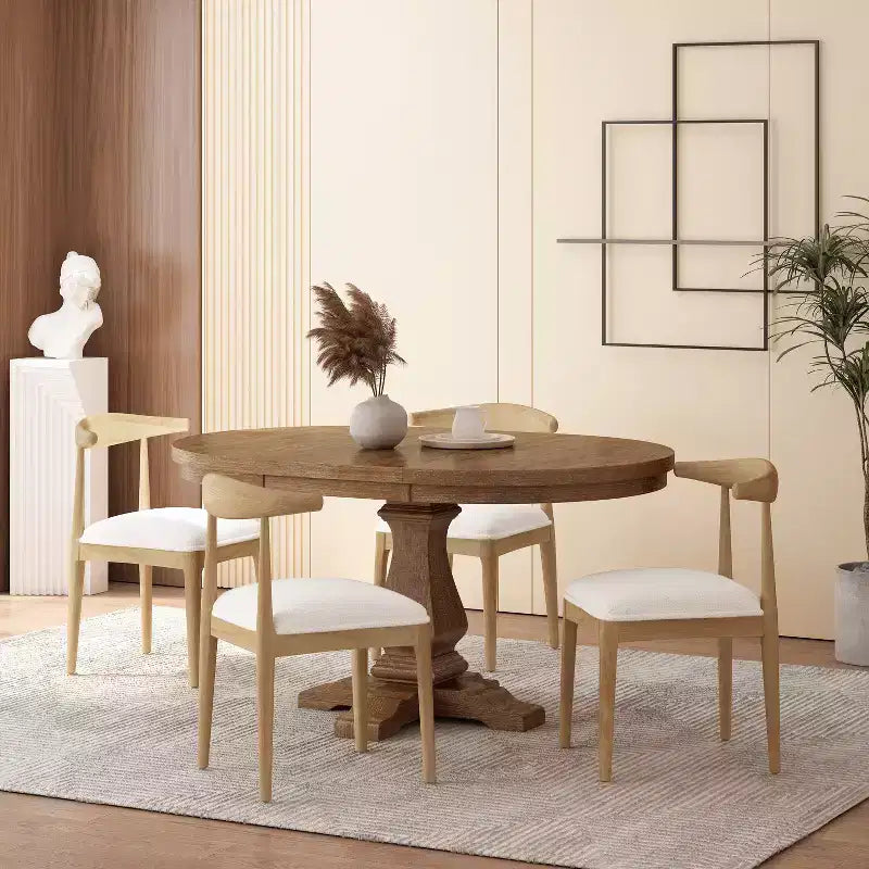 Set da pranzo rotondo allungabile da 5 pezzi color beige/avorio, frassino chiaro, 4 posti a sedere