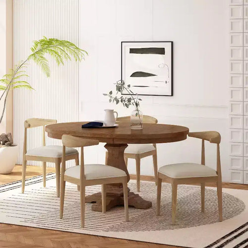 Set da pranzo rotondo allungabile da 5 pezzi color beige/avorio, frassino chiaro, 4 posti a sedere