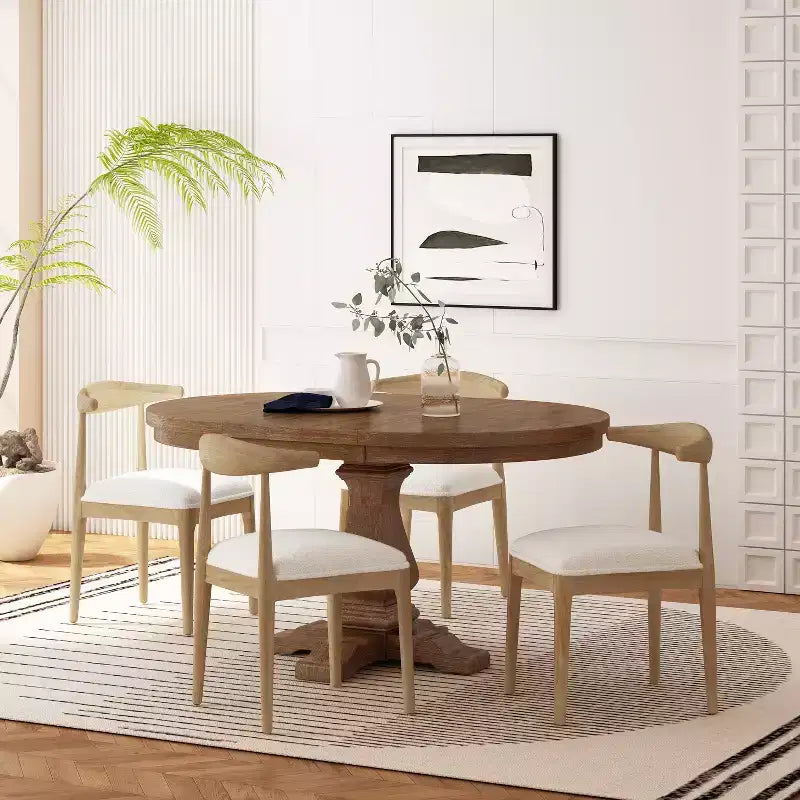 Set da pranzo rotondo allungabile da 5 pezzi color beige/avorio, frassino chiaro, 4 posti a sedere