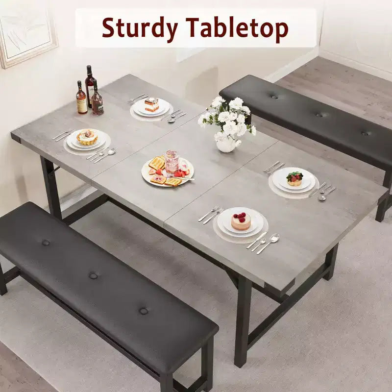 Set tavolo da pranzo allungabile nero/grigio/bianco con 2 panche imbottite, 4-6 posti