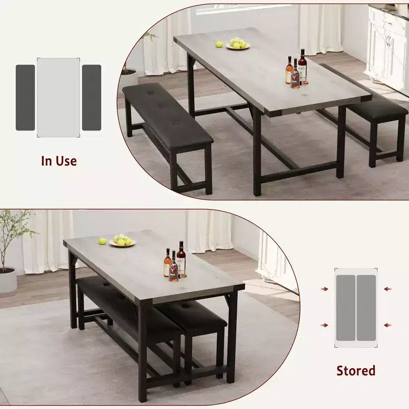 Set tavolo da pranzo allungabile nero/grigio/bianco con 2 panche imbottite, 4-6 posti