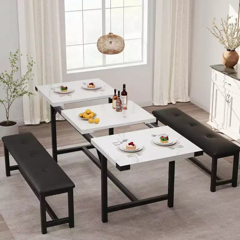 Set tavolo da pranzo allungabile nero/grigio/bianco con 2 panche imbottite, 4-6 posti