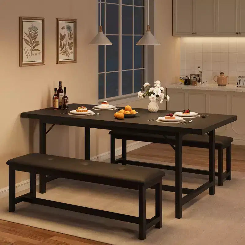 Set tavolo da pranzo allungabile nero/grigio/bianco con 2 panche imbottite, 4-6 posti