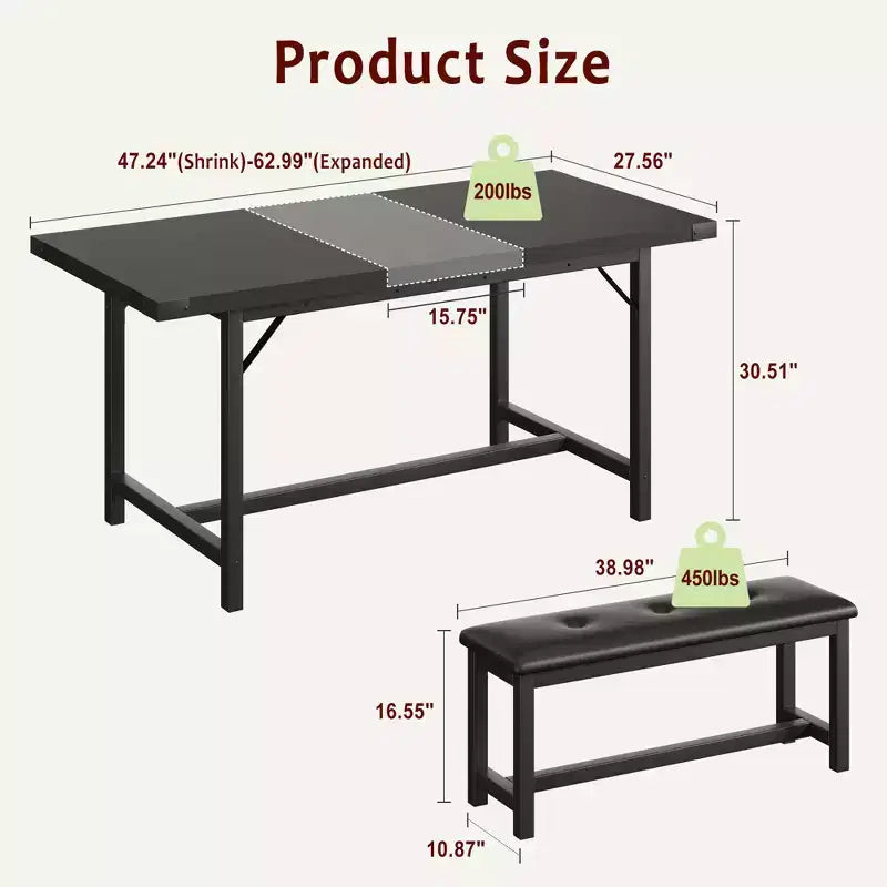 Set tavolo da pranzo allungabile nero/grigio/bianco con 2 panche imbottite, 4-6 posti