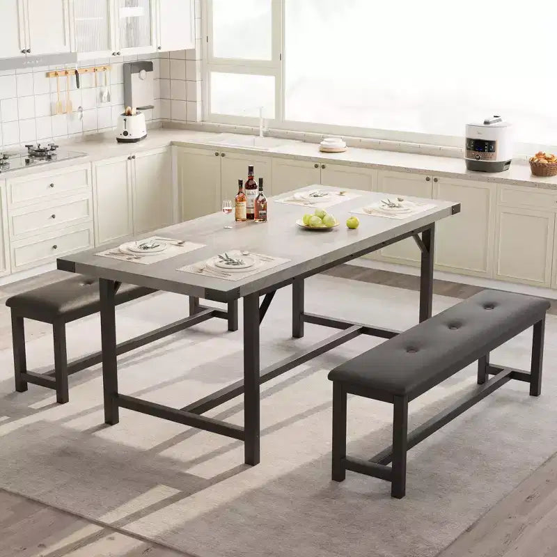 Set tavolo da pranzo allungabile nero/grigio/bianco con 2 panche imbottite, 4-6 posti