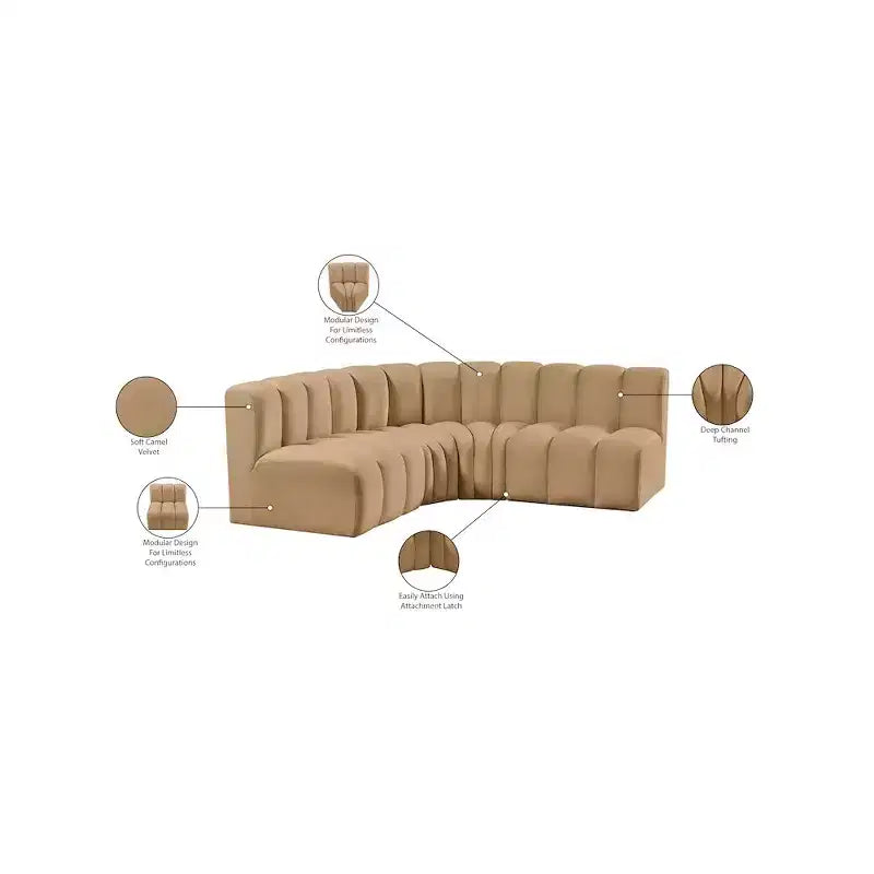 Divano modulare curvo in velluto marrone/cammello, 1 posto