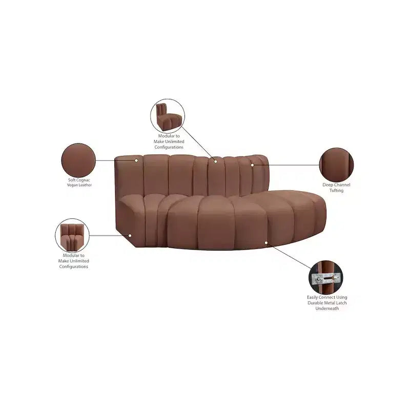 Divano modulare con trapuntatura a canale in similpelle color Cognac, 1 posto