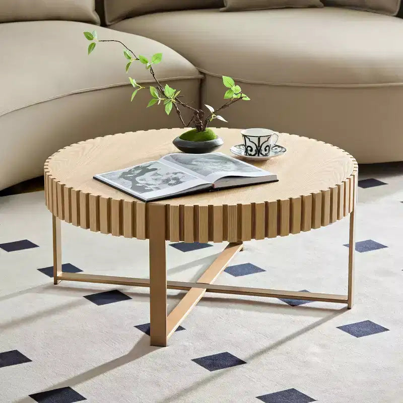 Tavolino rotondo beige, base incrociata, 80 cm, monouso