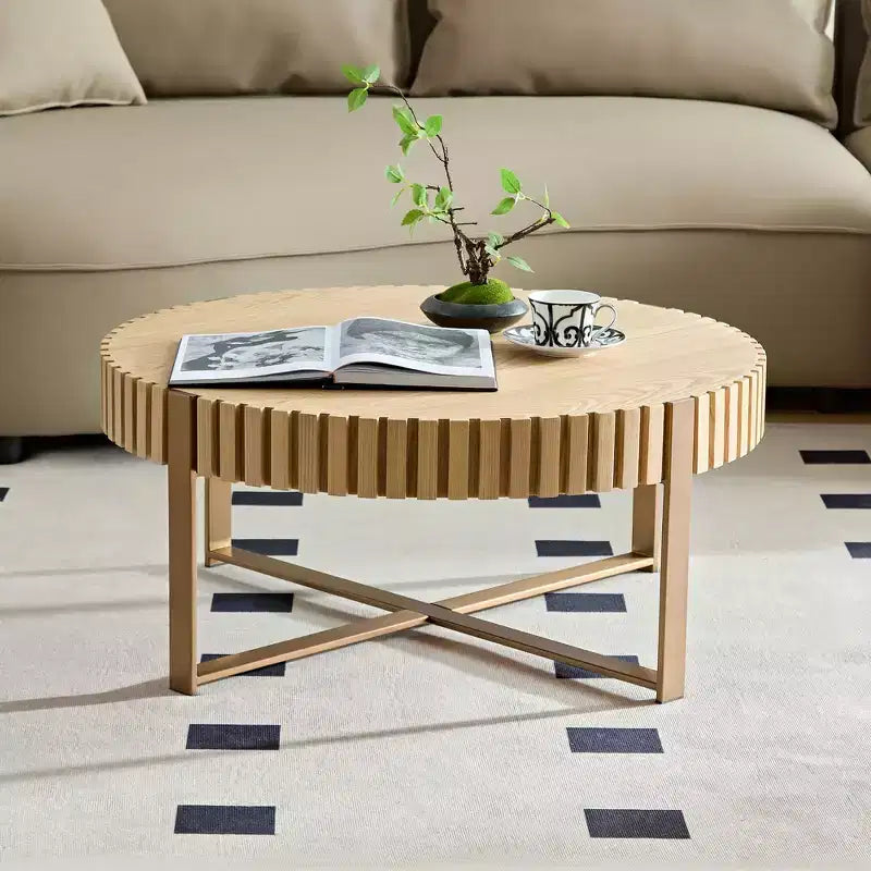 Tavolino rotondo beige, base incrociata, 80 cm, monouso