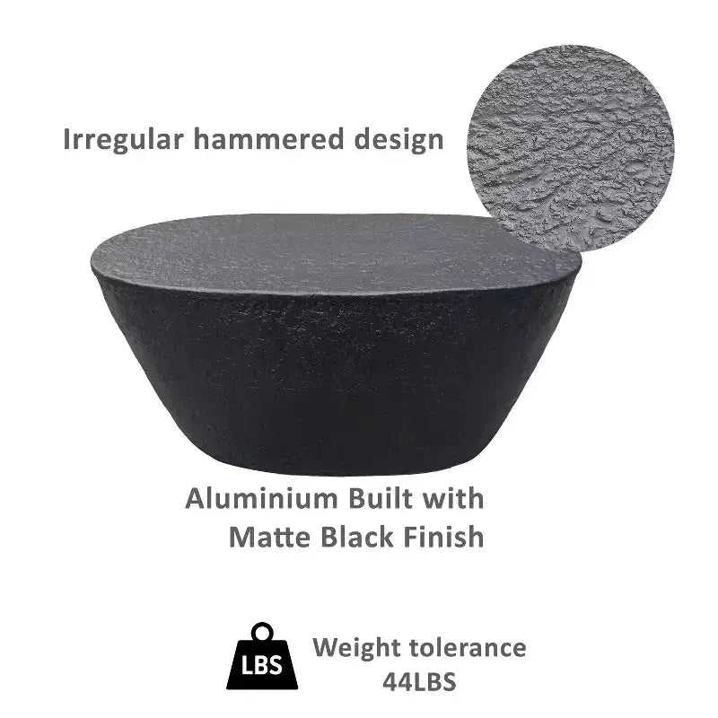Tavolino da caffè in alluminio martellato nero, forma irregolare, 36"L × 18"P × 16"H