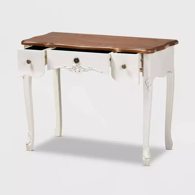 Consolle bianca e marrone in stile country francese, 3 cassetti, montaggio per 1 persona