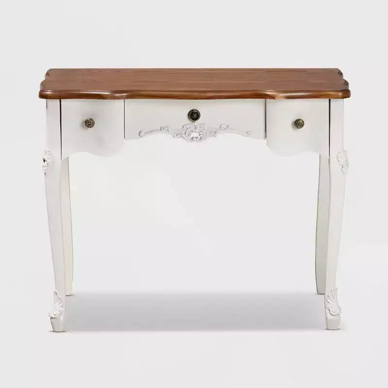 Consolle bianca e marrone in stile country francese, 3 cassetti, montaggio per 1 persona