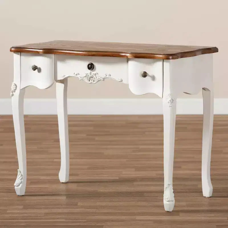 Consolle bianca e marrone in stile country francese, 3 cassetti, montaggio per 1 persona
