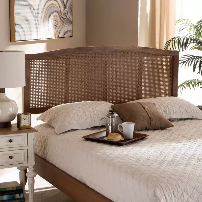 Testiera in legno di frassino e noce – Intreccio in rattan, stile Mid-Century | Full / Queen / King