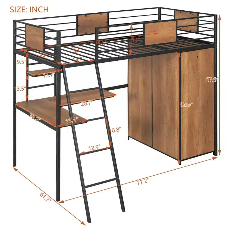 Letto a soppalco singolo con scrivania a L e armadio – Grigio, 1 persona