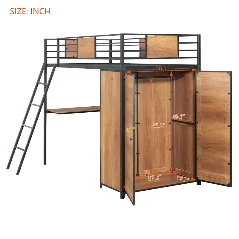 Letto a soppalco singolo con scrivania a L e armadio – Grigio, 1 persona