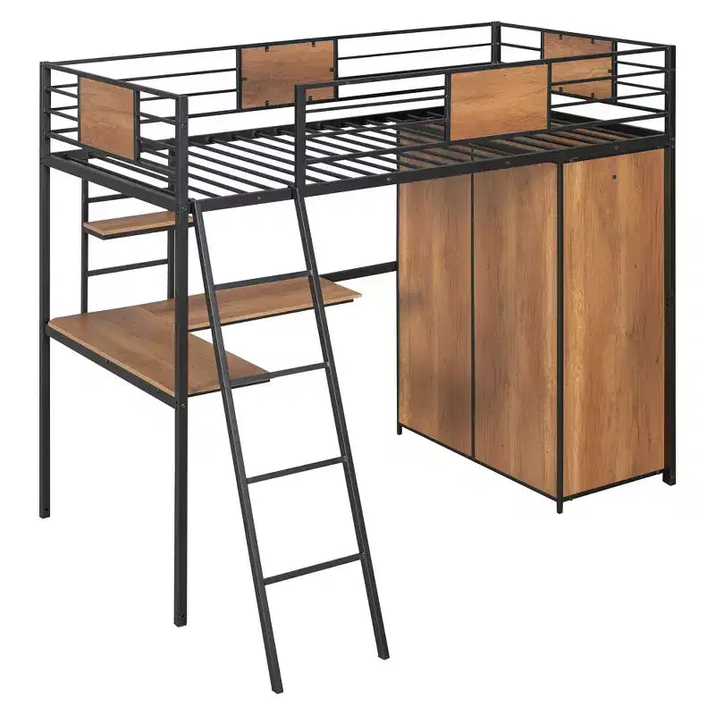 Letto a soppalco singolo con scrivania a L e armadio – Grigio, 1 persona