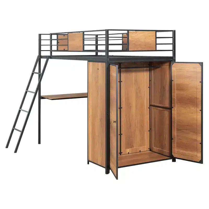 Letto a soppalco singolo con scrivania a L e armadio – Grigio, 1 persona
